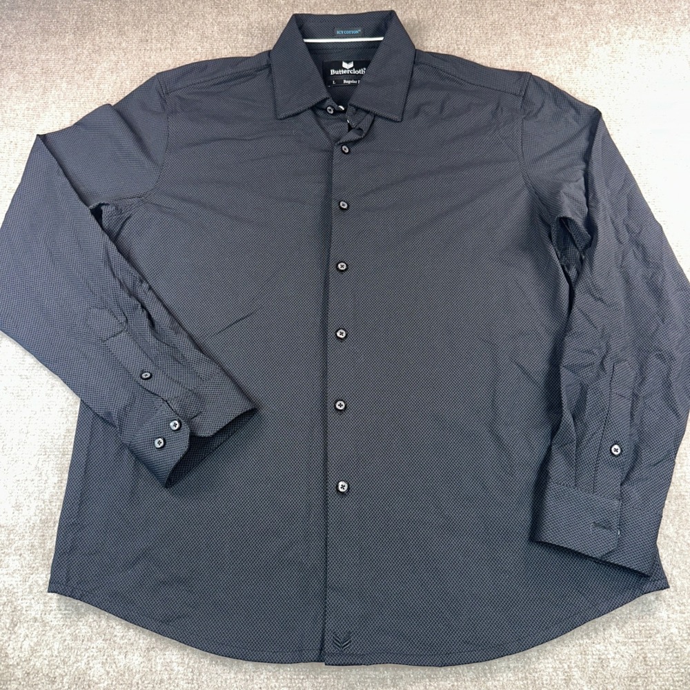 Buttercloth Icy Cotton Regular Fit Shirt Mens Large Grey Micro Pattern Stretch